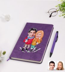 Kişiye Özel Sevgililer Karikatürlü Mor Termo Deri Defter Kalem Seti Model 107