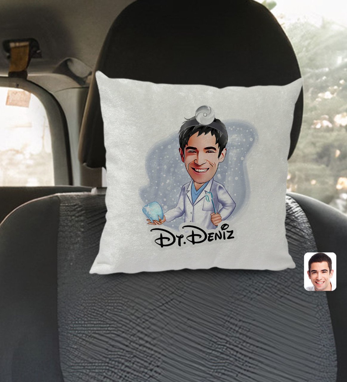 Kişiye Özel İsimli Erkek Diş Hekimi Karikatürlü Kare Araç Koltuk Yastığı-3