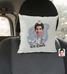 Kişiye Özel İsimli Erkek Diş Hekimi Karikatürlü Kare Araç Koltuk Yastığı-3