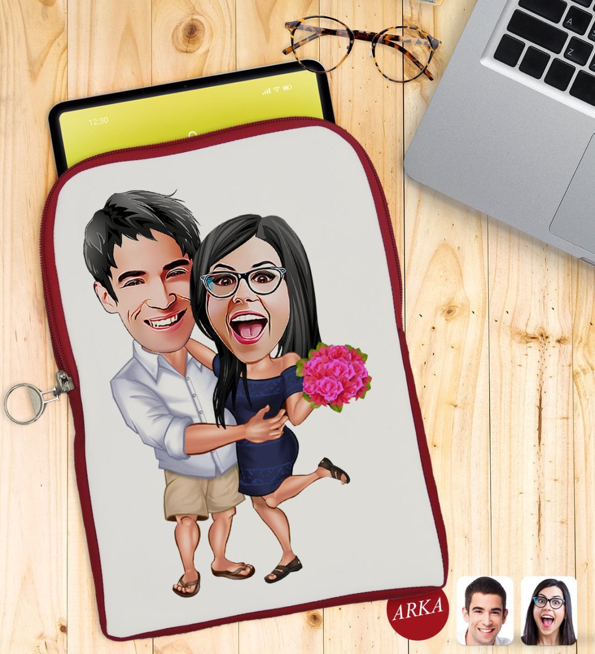 Kişiye Özel Sevgililer Karikatürlü Taşınabilir Koruyucu Tablet Kılıfı & Organizer Çanta - Kırmızı-108