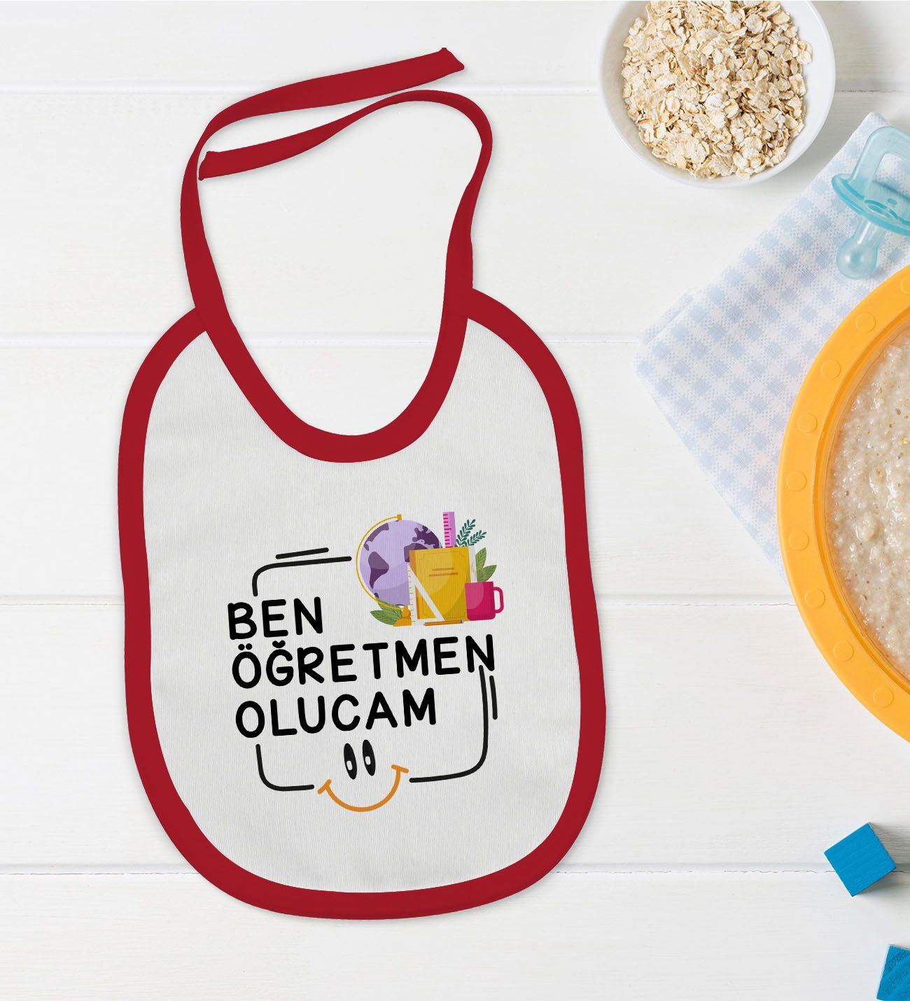 BK Kids Öğretmen Olucam Tasarımlı Kırmızı Bebek Mama Önlüğü-1
