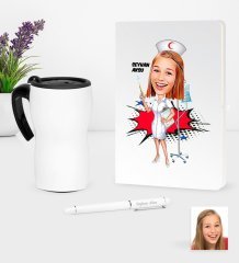 Kişiye Özel Hemşire Karikatürlü Beyaz Defter Kalem ve Termos Mug Seti - 2