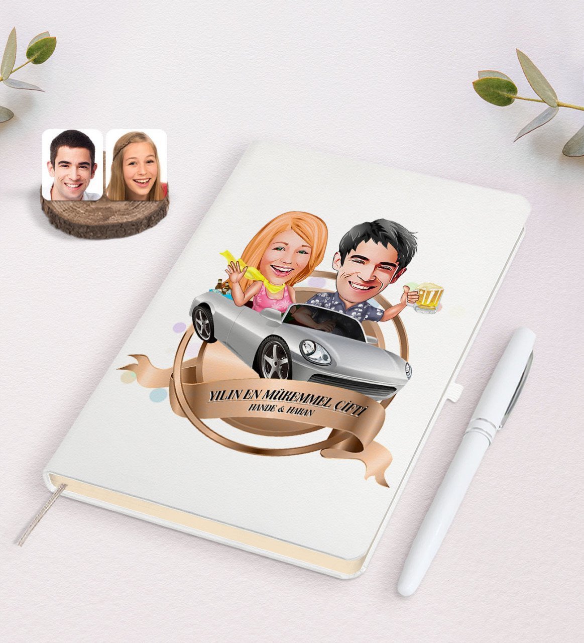 Kişiye Özel Yılın En Mükemmel Çifti Karikatürlü Beyaz Defter ve Kalem Hediye Seti-53