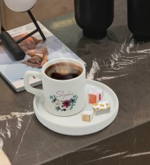 Kişiye Özel Sunum Tabaklı Çiçek Tasarımlı Türk Kahvesi Fincanı Model 25