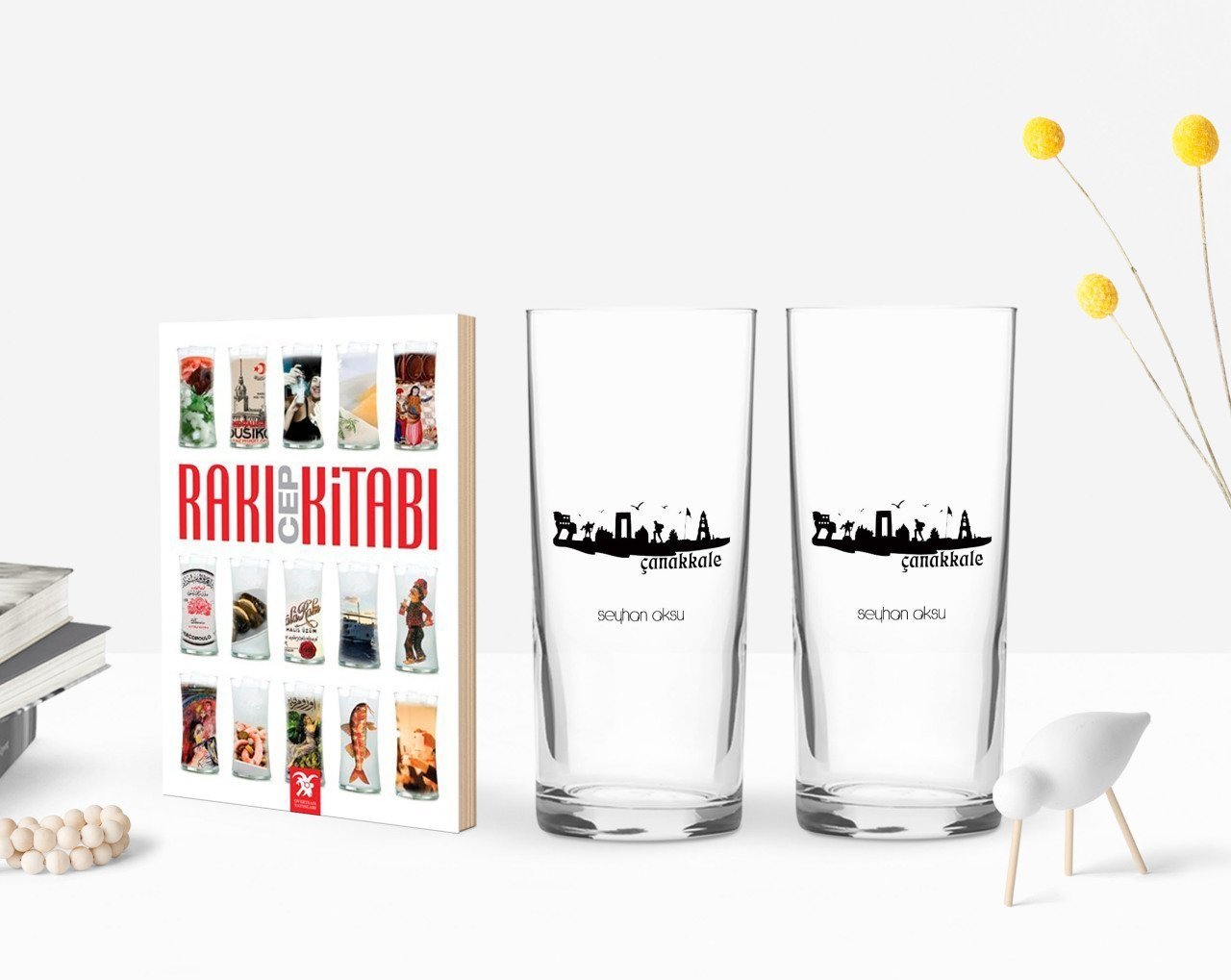 Kişiye Özel Renkli Baskılı Çanakkale Tasarımlı Turistik İkili Rakı Bardağı ve Rakı Cep Kitabı Hediye Seti-2