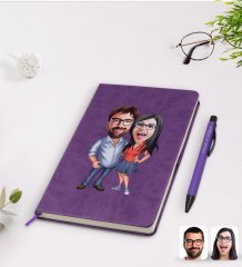 Kişiye Özel Sevgililer Karikatürlü Mor Termo Deri Defter Kalem Seti Model 105