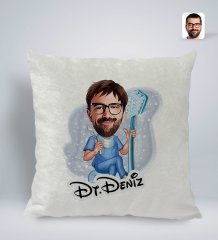 Kişiye Özel İsimli Erkek Diş Hekimi Karikatürlü Kare Araç Koltuk Yastığı-2
