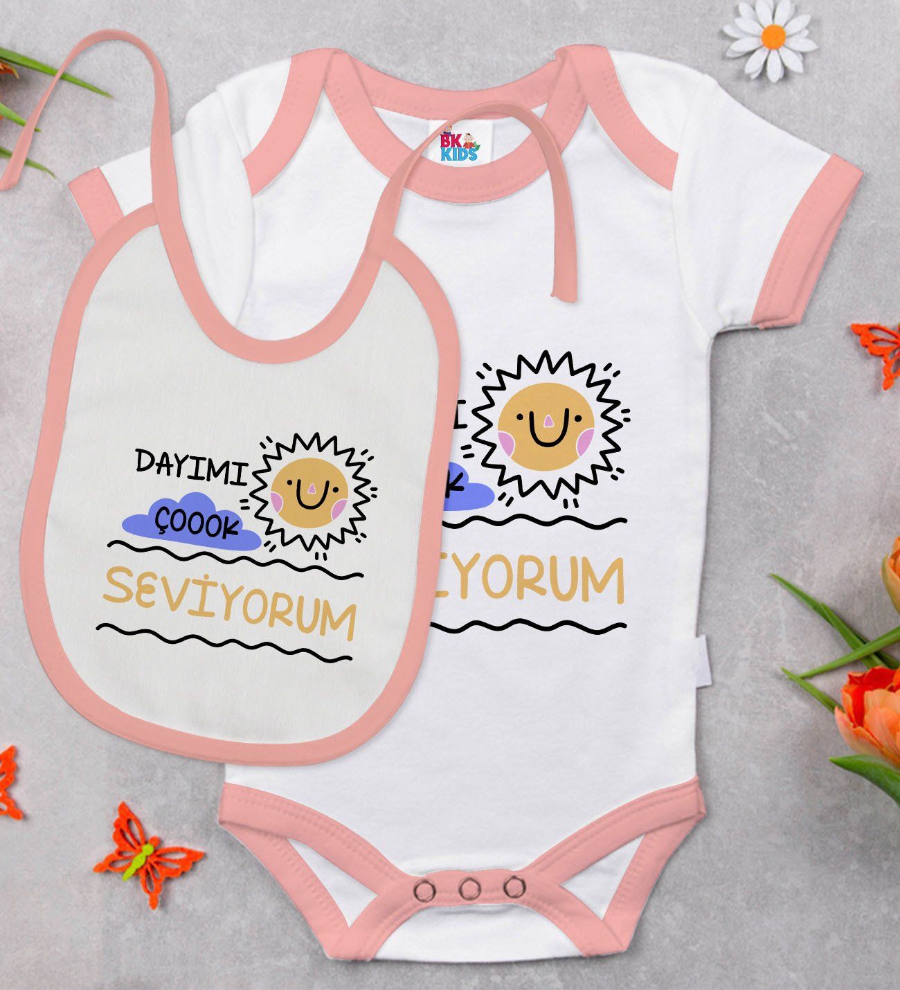 BK Kids Dayımı Çok Seviyorum Tasarımlı Pembe Bebek Body Zıbın ve Mama Önlüğü Hediye Seti-1