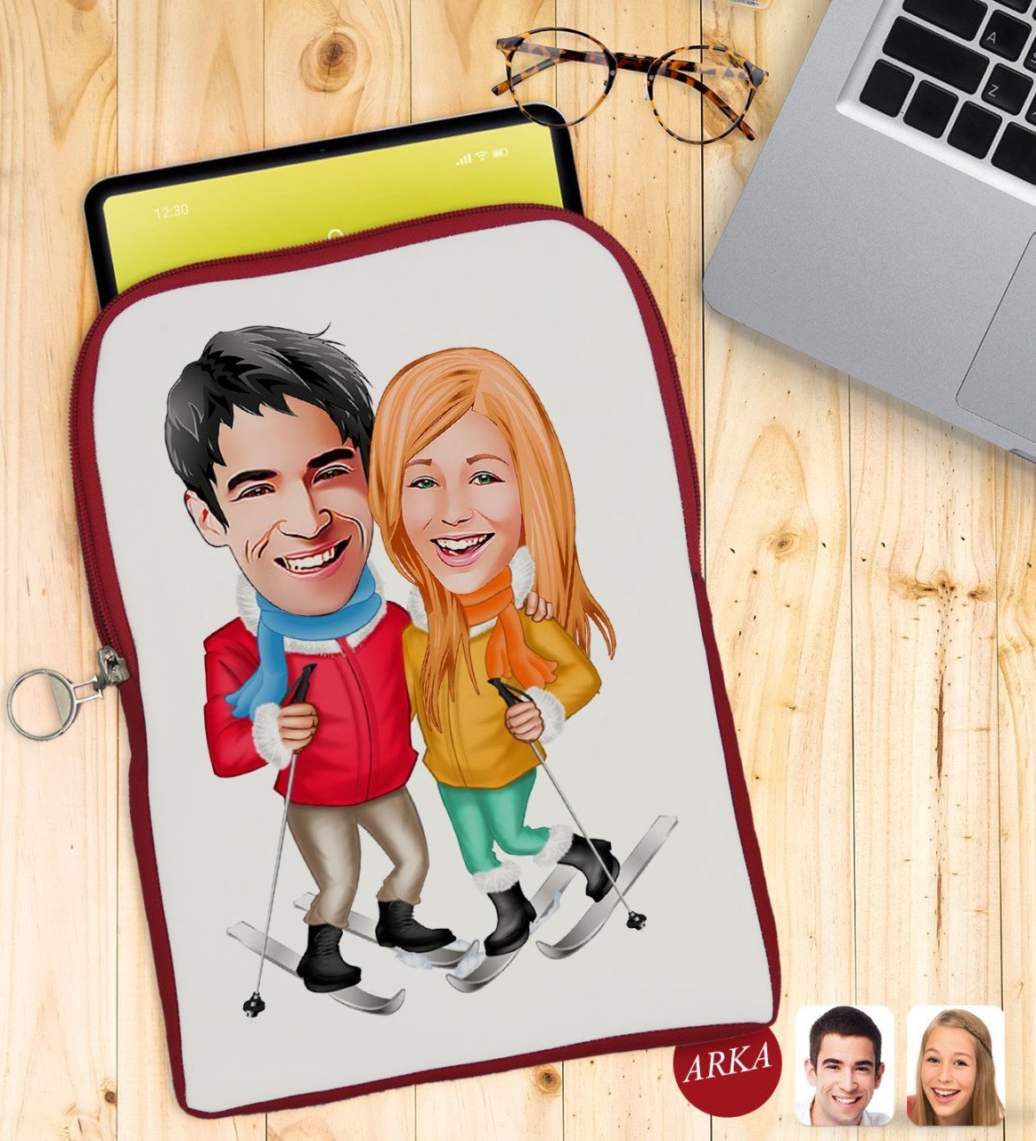 Kişiye Özel Sevgililer Karikatürlü Taşınabilir Koruyucu Tablet Kılıfı & Organizer Çanta - Kırmızı-107