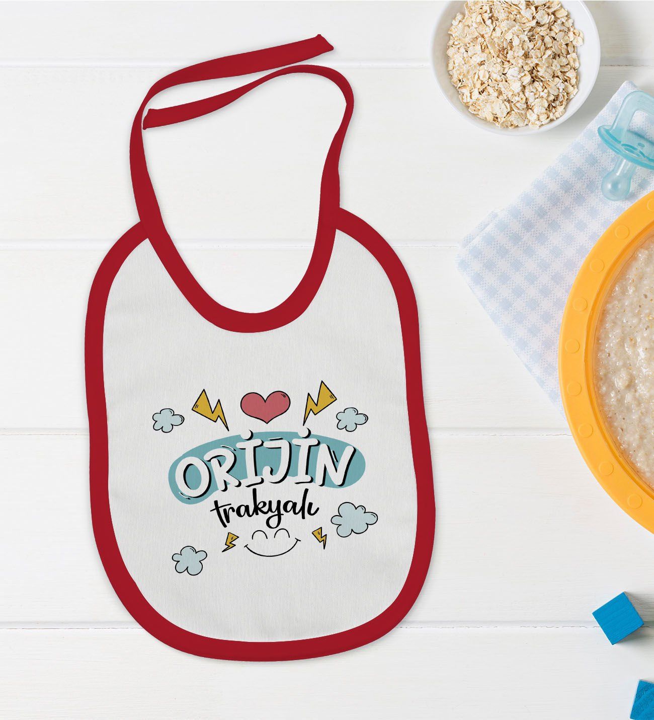 BK Kids Orjin Trakyalı Tasarımlı Kırmızı Bebek Mama Önlüğü-1