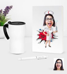 Kişiye Özel Hemşire Karikatürlü Beyaz Defter Kalem ve Termos Mug Seti - 1