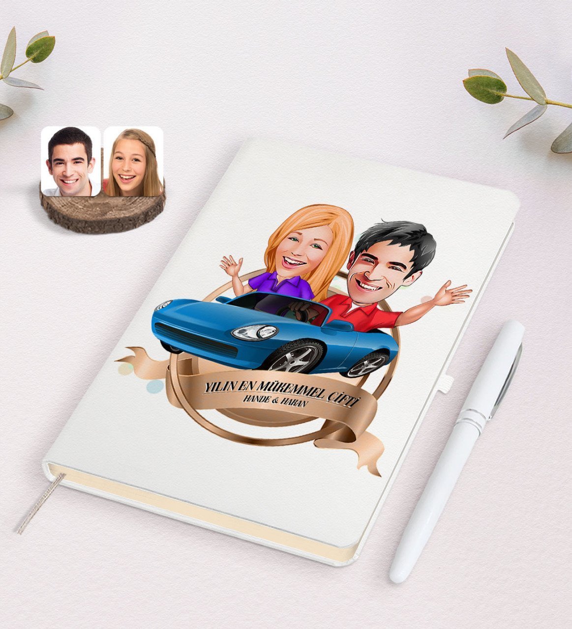 Kişiye Özel Yılın En Mükemmel Çifti Karikatürlü Beyaz Defter ve Kalem Hediye Seti-52