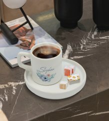 Kişiye Özel Sunum Tabaklı Çiçek Tasarımlı Türk Kahvesi Fincanı Model 24