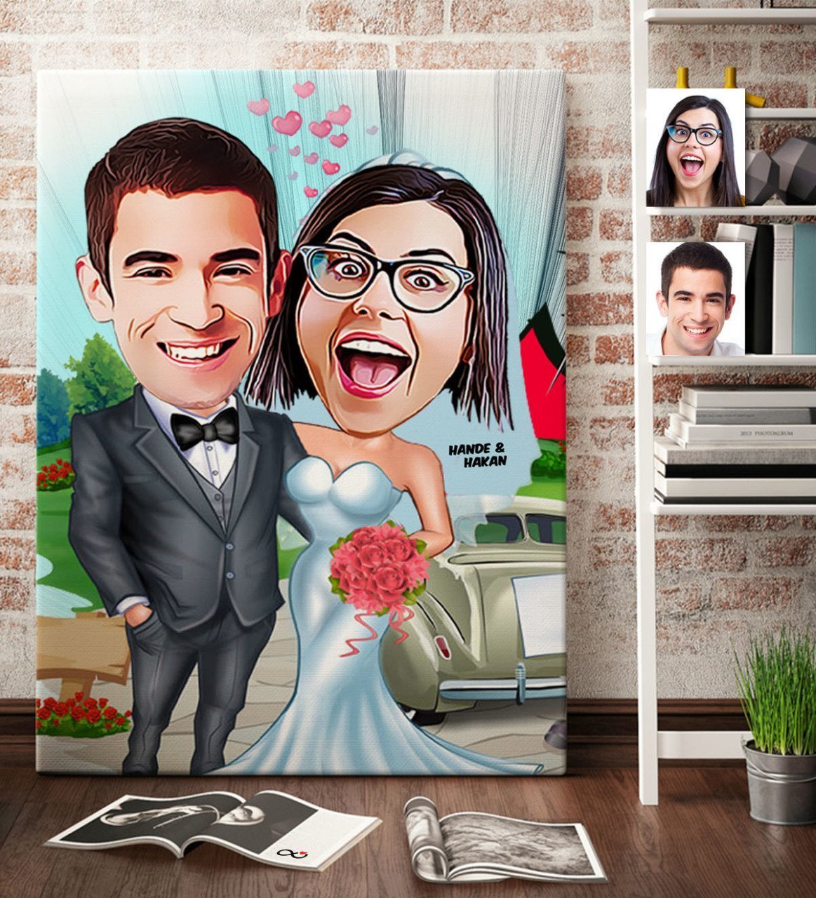 Kişiye Özel Gelin Damat Karikatür Kanvas Tablo (70 x 100 cm.) 1