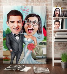 Kişiye Özel Gelin Damat Karikatür Kanvas Tablo (70 x 100 cm.) 1