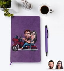 Kişiye Özel Sevgililer Karikatürlü Mor Termo Deri Defter Kalem Seti Model 103