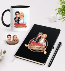 Kişiye Özel Yılın En Mükemmel Çifti Karikatürlü Siyah Defter Kalem ve Kupa Seti-75