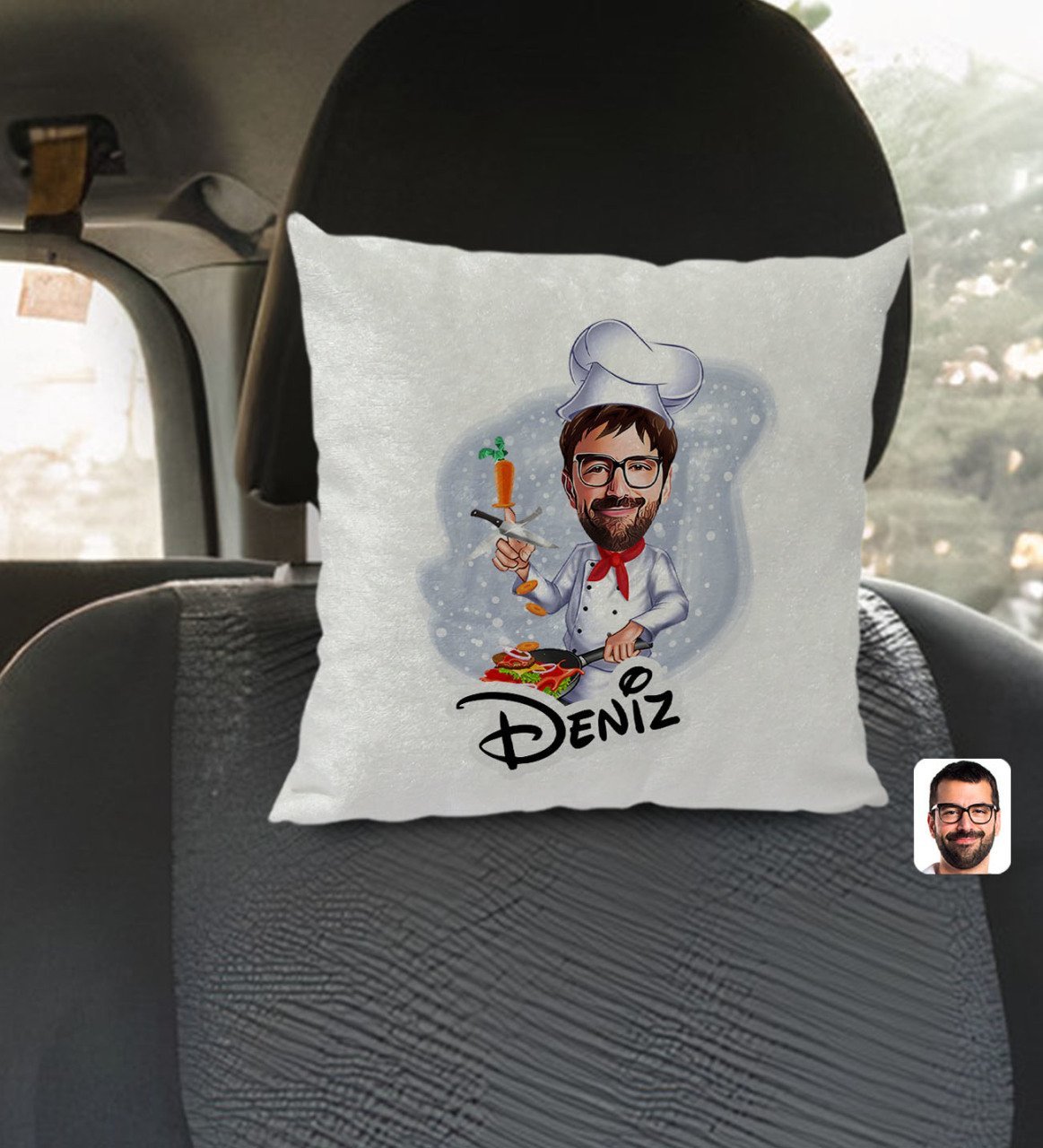 Kişiye Özel İsimli Erkek Chef Karikatürlü Kare Araç Koltuk Yastığı-1