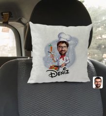 Kişiye Özel İsimli Erkek Chef Karikatürlü Kare Araç Koltuk Yastığı-1