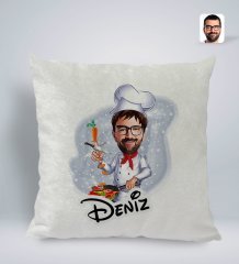 Kişiye Özel İsimli Erkek Chef Karikatürlü Kare Araç Koltuk Yastığı-1
