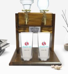 Kişiye Özel Renkli Baskılı Eskişehir Tasarımlı Turistik İkili Rakı Bardağı ve Çift Musluklu Doğal Ahşap Rakı Standı-1