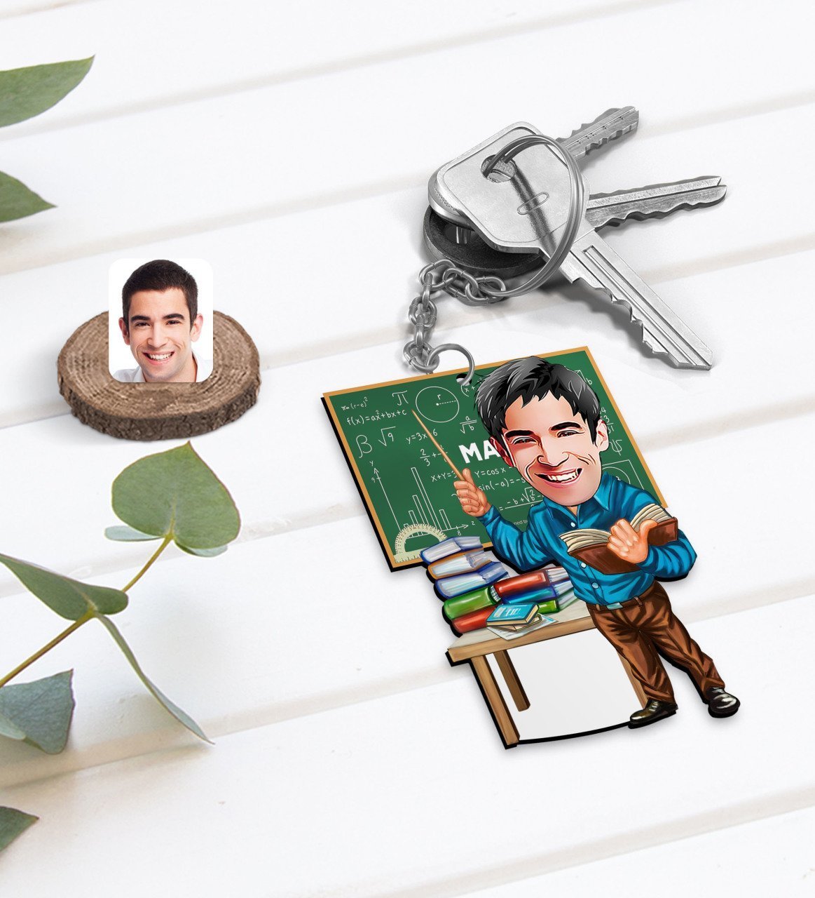 Kişiye Özel Erkek Matematik Öğretmeni Karikatürlü Ahşap Anahtarlık-1