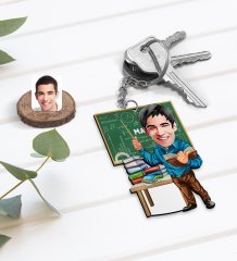 Kişiye Özel Erkek Matematik Öğretmeni Karikatürlü Ahşap Anahtarlık-1