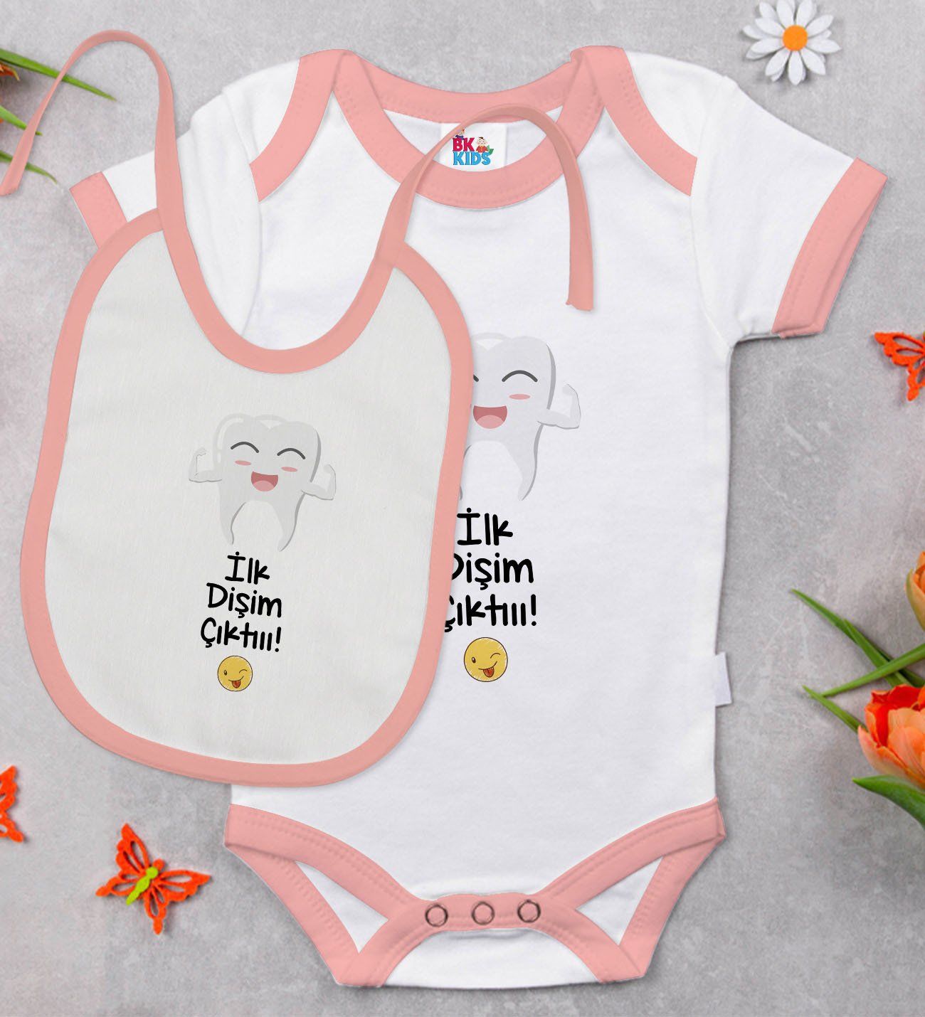BK Kids İlk Diş Tasarımlı Pembe Bebek Body Zıbın ve Mama Önlüğü Hediye Seti-1