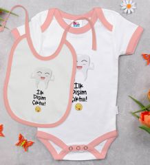 BK Kids İlk Diş Tasarımlı Pembe Bebek Body Zıbın ve Mama Önlüğü Hediye Seti-1