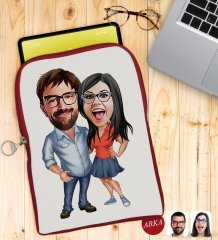 Kişiye Özel Sevgililer Karikatürlü Taşınabilir Koruyucu Tablet Kılıfı & Organizer Çanta - Kırmızı-105