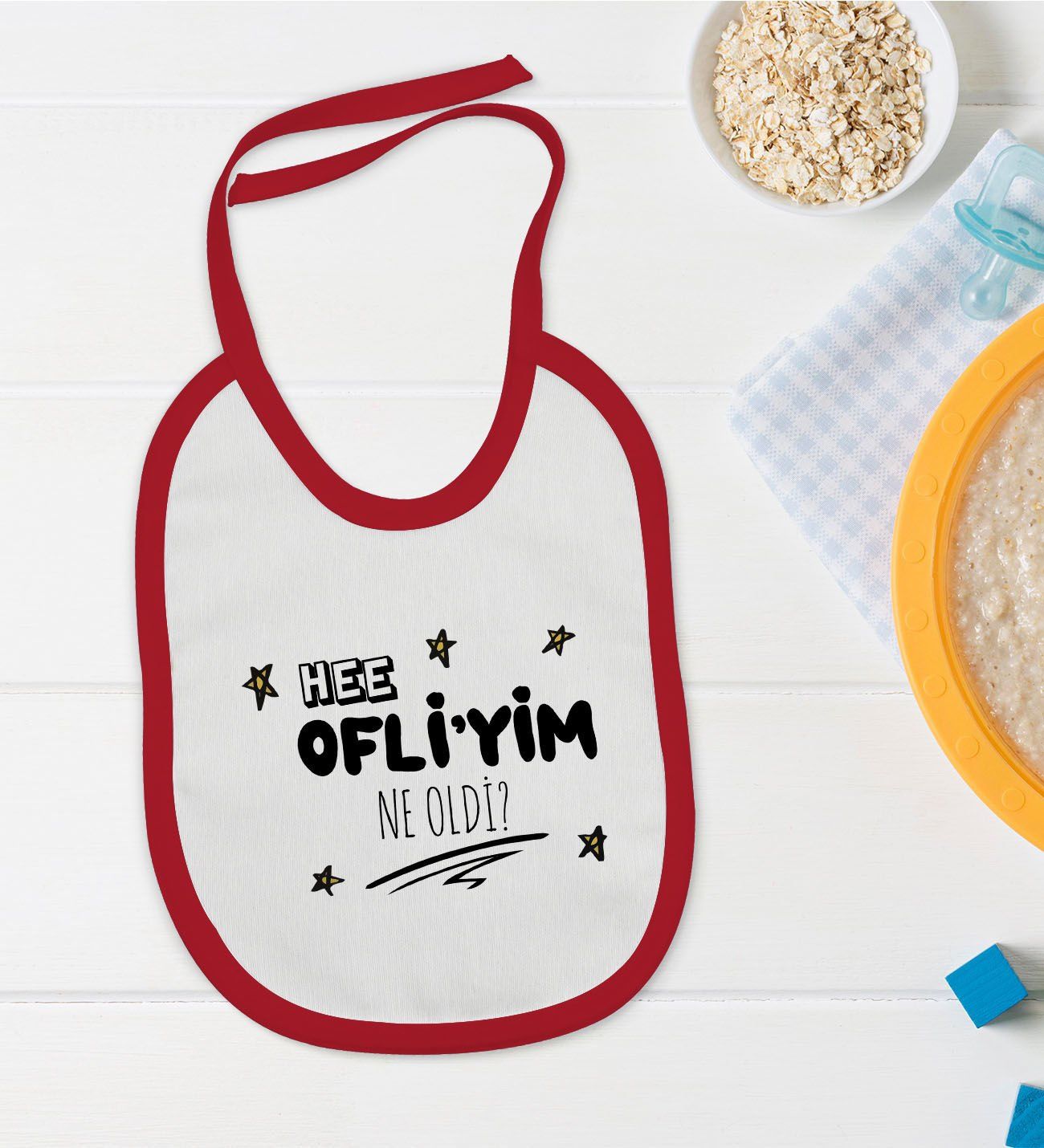BK Kids Ofliyim Ne Oldi Tasarımlı Kırmızı Bebek Mama Önlüğü-1