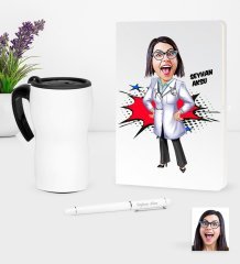 Kişiye Özel Bayan Doktor Karikatürlü Beyaz Defter Kalem ve Termos Mug Seti - 1