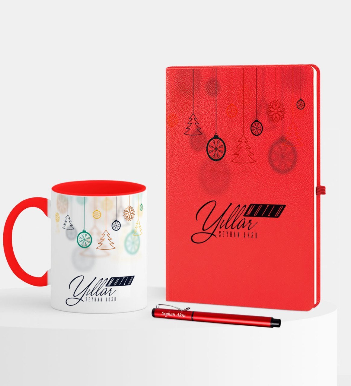 Kişiye Özel Yılbaşı Mutlu Yıllar Temalı Kırmızı Defter Kalem Kupa Seti - 15