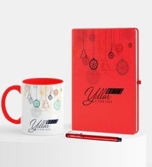 Kişiye Özel Yılbaşı Mutlu Yıllar Temalı Kırmızı Defter Kalem Kupa Seti - 15