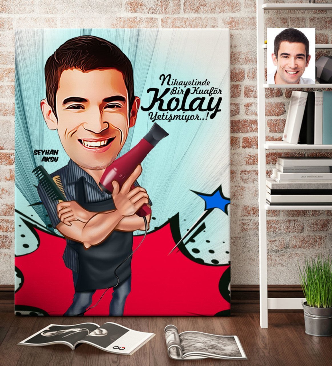 Kişiye Özel Erkek Kuaför Karikatür Kanvas Tablo (70 x 100 cm.) 1