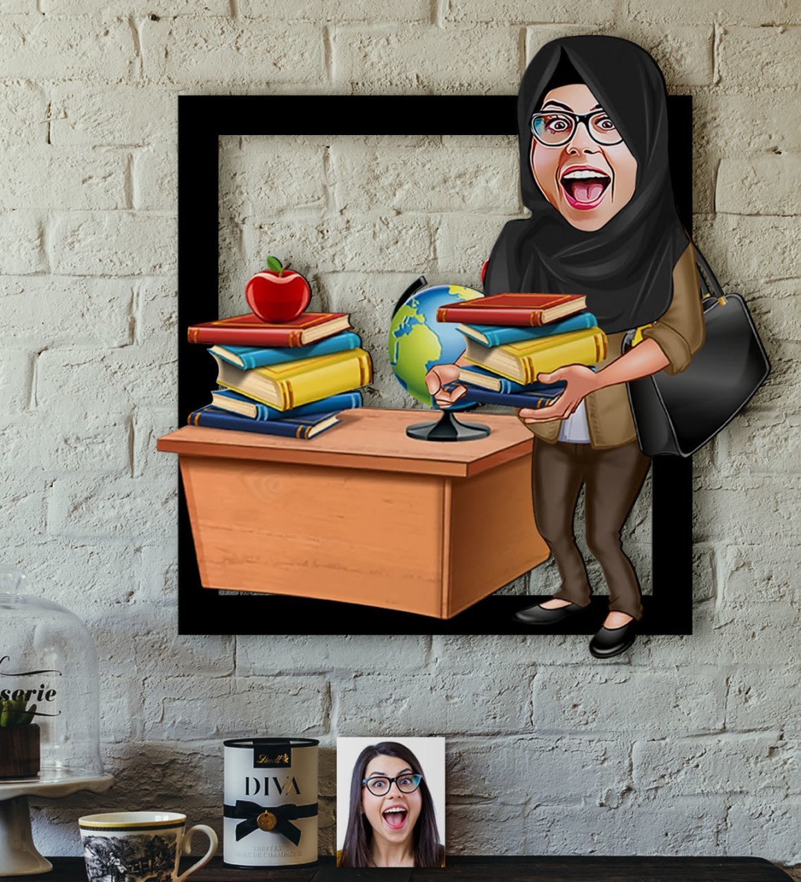 Kişiye Özel Bayan Öğretmen Karikatürlü 3D Ahşap Tablo-8