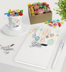 Kişiye Özel Yılbaşı Mutlu Yıllar Beyaz Defter Kalem Türk Kahvesi Fincanı ve Kutulu Haribo Şeker Hediye Seti-15