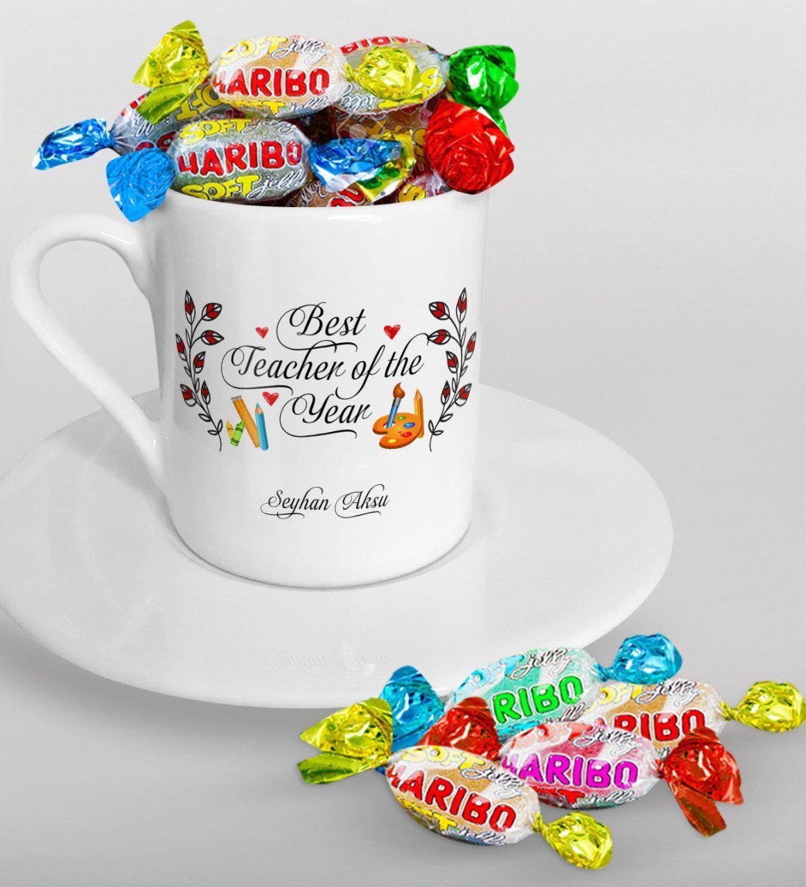 Kişiye Özel Yılın En İyi Öğretmeni Türk Kahvesi Fincanı ve Haribo Şeker Hediye Seti-1