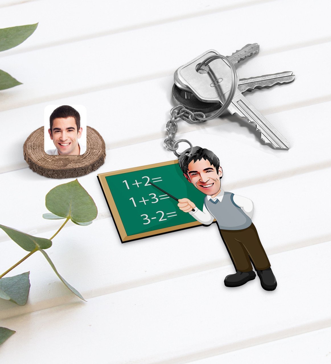 Kişiye Özel Erkek İlköğretim Matematik Öğretmeni Karikatürlü Ahşap Anahtarlık-1