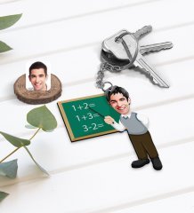 Kişiye Özel Erkek İlköğretim Matematik Öğretmeni Karikatürlü Ahşap Anahtarlık-1