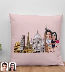 BK Gift Kişiye Özel Gezgin Sevgililer Karikatürlü Beyaz Yastık-1