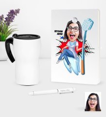 Kişiye Özel Bayan Diş Hekimi Karikatürlü Beyaz Defter Kalem ve Termos Mug Seti - 3
