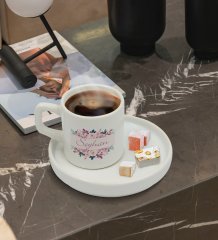 Kişiye Özel Sunum Tabaklı Çiçek Tasarımlı Türk Kahvesi Fincanı Model 22