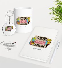 Kişiye Özel Sosyal Bilgiler Öğretmeni Kupa Anahtarlık Beyaz Defter Kalem Hediye Seti-3
