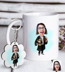 Kişiye Özel Bayan Avukat Karikatürlü Beyaz Kupa ve Anahtarlık Hediye Seti-1