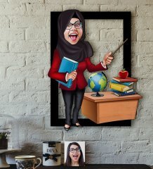 Kişiye Özel Bayan Öğretmen Karikatürlü 3D Ahşap Tablo-7