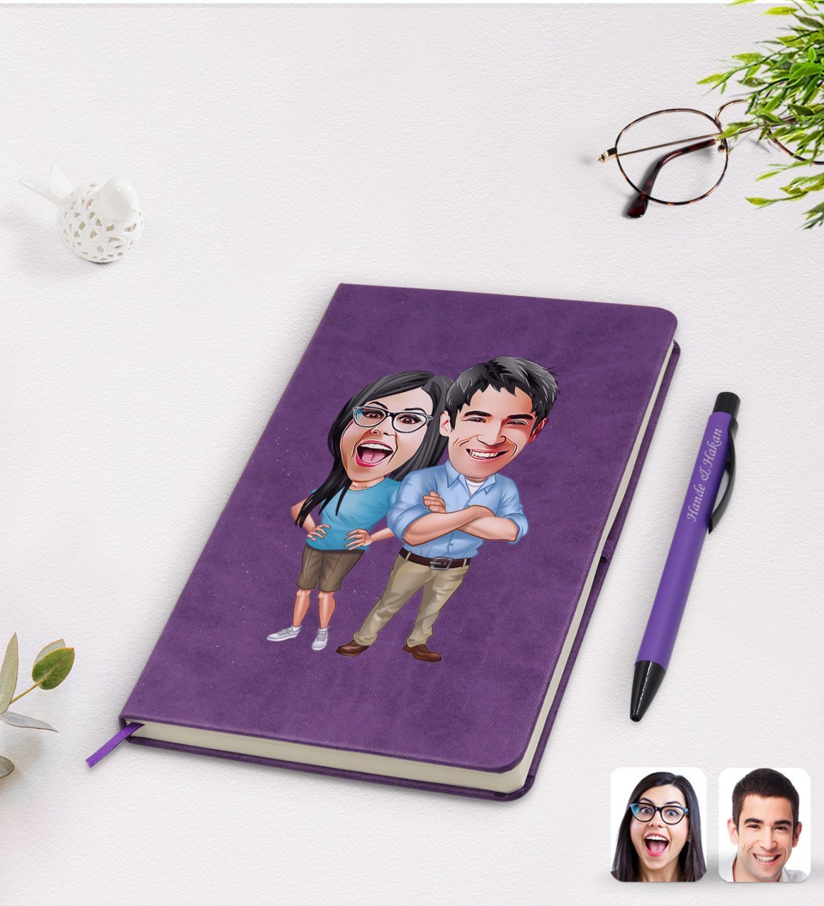 Kişiye Özel Sevgililer Karikatürlü Mor Termo Deri Defter Kalem Seti Model 101