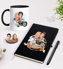 Kişiye Özel Yılın En Mükemmel Çifti Karikatürlü Siyah Defter Kalem ve Kupa Seti-73