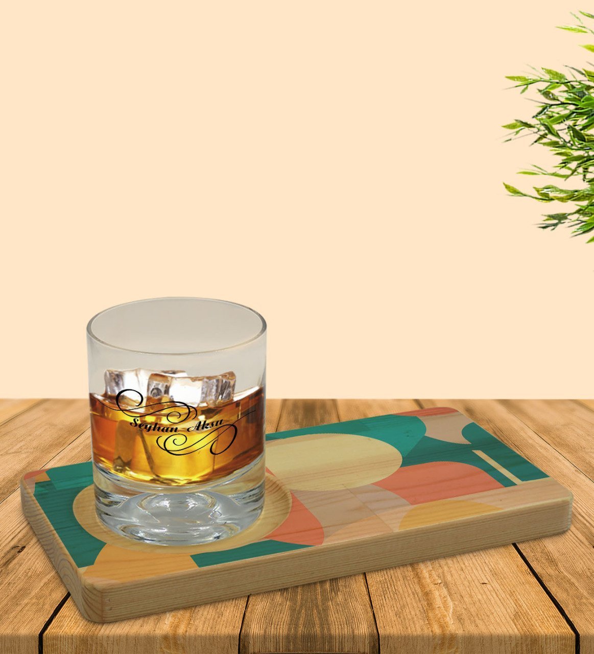 Kişiye Özel Modern Art Tasarımlı Doğal Ahşap Tabaklı Viski Bardağı Sunum Seti Model 10