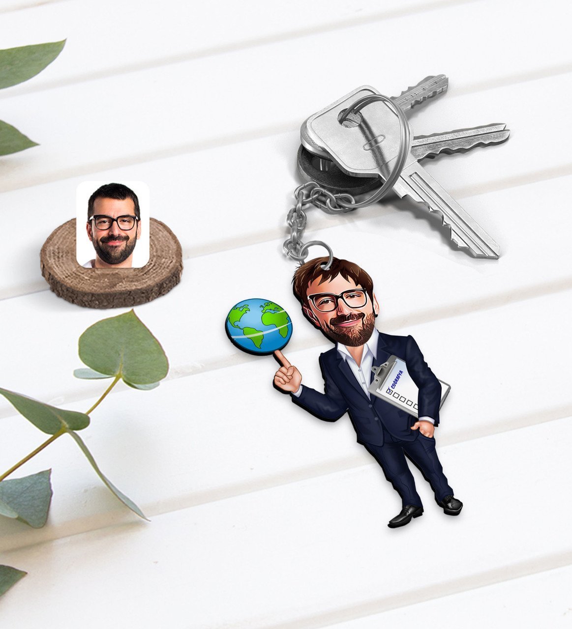 Kişiye Özel Erkek Coğrafya Öğretmeni Karikatürlü Ahşap Anahtarlık-1